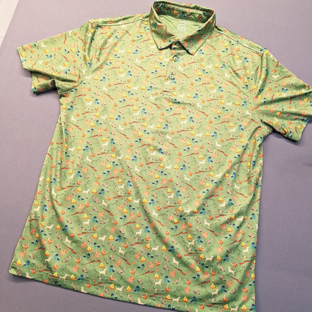 Vitamin G Mens Green Hunting Camping Novelty Print Performance Golf Polo Shirt L